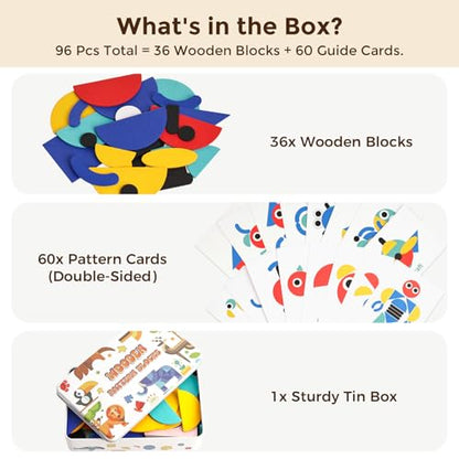 LovesTown Pattern Blocks with Iron Box, Wooden, 96pcs - size: Medium