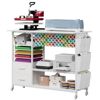 VENNQD Large Heat Press Table Stand, Rolling Heat Transfer Machine Desk Cart Drawers Compatible with Cricut Machines Vinyl Roll Holder DIY Organizer Crafting Table Workbench (White) - color: White
