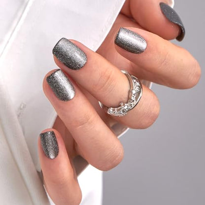CurvLife Short Square Silver Glitter Press On Nails, Silver Night, Soft Gel - color: Bursting Silver