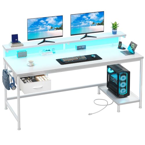 DurayLoly 47.2" Computer Desk with Power Outlet & Fabric Drawer,White - color: White, size: 47.2 IN