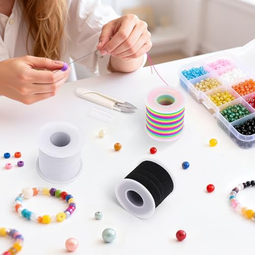 1 mm Stretchy Bracelet String with Scissors Beading Needle, 4 Rolls,660FT - color: Black, White, Rainbow