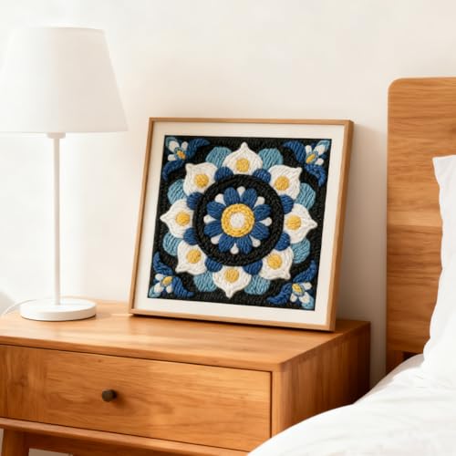 INFUNLY Mandala Punch Needle Kit Blue White DIY Embroidery Punch Needle Set for Adults Square 9.4" Punches Stitching Starter Kits with Easy to Follow Instructions Yarns Fabric Festival Gift Home Decor - style: Blue Mandala