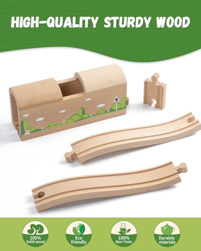 Wooden Train Track Bridge & Tunnel Set, Railway Expansion Kit with Ascending & Descending Ramp Tracks, Compatible with Major Wooden Train Systems, for Kids Creative Play and Learning - style: Wooden Tunnel Set