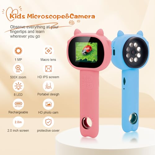 Microscope for Kids - 2.4" Screen Mini Pocket Handheld Microscope for Toddlers-STEM Educational Science Kit Toys for Christmas Birthday Gifts Science Kit Toddler for Boys Girls Aged 3-12 (Pink) - color: Pink