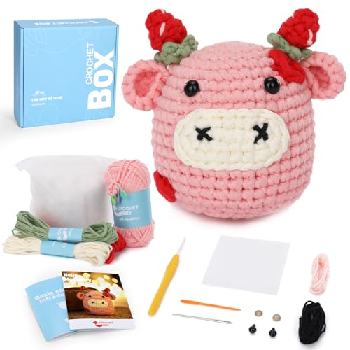 Crochet Kit for Beginners Adults - Cow Starters Crocheting Animal Kits for Teen, DIY Craft Birthday Gift with Crochet Yarns, Hook, Step-by-Step Video, Instruction and Crochet Accessories - color: Pink Cow