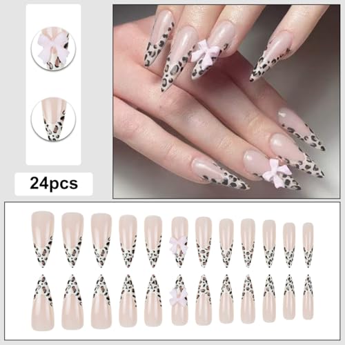 Stiletto Press on Nails Long Brown Fake NailLeopard Acrylic with Pink Bow Design Stick on Nails for Women 24pcs - color: Color26