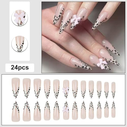 Stiletto Press on Nails Long Brown Fake NailLeopard Acrylic with Pink Bow Design Stick on Nails for Women 24pcs - color: Color26