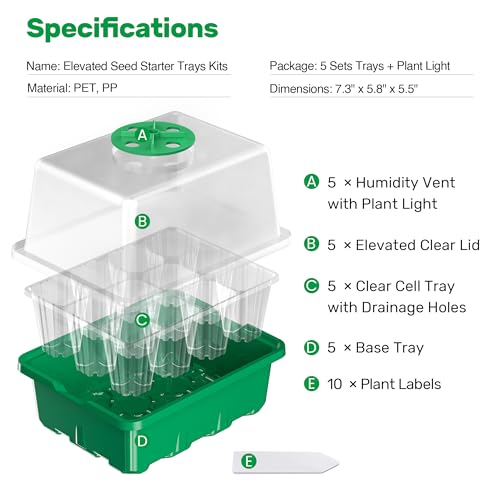 Bonviee 10-Pack Seed Starter Trays, Tall Dome, Base, 12-Cell Tray, Green - color: Green, size: 10 Packs