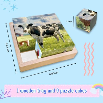 6-in-1 Wooden Animal Puzzle – Montessori Cube Toy for Kids – Realistic Farm Animals Educational Wood Blocks for Children Ages 3 and Up - style: Farm Animals