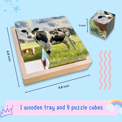 6-in-1 Wooden Animal Puzzle – Montessori Cube Toy for Kids – Realistic Farm Animals Educational Wood Blocks for Children Ages 3 and Up - style: Farm Animals