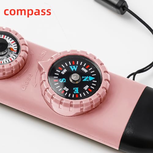 Emergency Survival Safety Whistle，Whistle for Kids with Lanyard,Compass,Thermometer,Ideal for Kayaking, Boating, Hiking, Camping, Climbing - color: Light Pink 2pcs