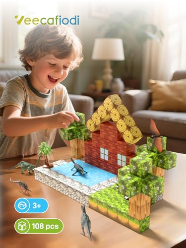 Veecafiodi Magnetic Blocks 108PCS, Dinosaur Magnetic Building Blocks with 6 Dinosaur Figures, Magnetic Blocks for Kids Ages 3-5, 4-8, STEM Construction Toy - color: Yellow