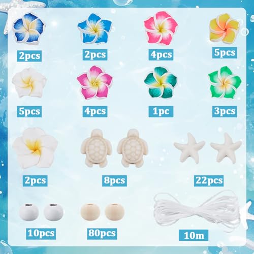 SUNNYCLUE 1 Box 148Pcs 6 Sets Summer Bracelet Making Kit Turquoise Turtle Beads Seestern Ocean Beach Hawaii Plumeria Flower Round Beads for Jewelry Making Necklace Adults Supplies Women Beginner - style: Flower 2