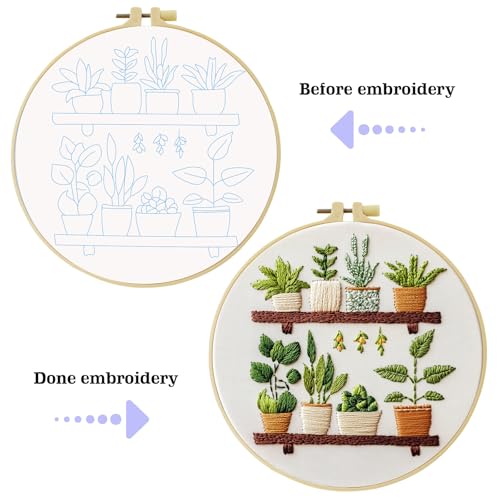 JOZYSH Full Range Embroidery Kit for Adult, Green Plant Pattern Embroidery Kit for Beginners Include Embroidery Cloth Hoops Threads for Craft Lover Hand Stitch with Embroidery Skill Techniques - color: Green plants