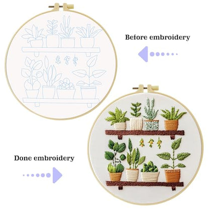 JOZYSH Full Range Embroidery Kit for Adult, Green Plant Pattern Embroidery Kit for Beginners Include Embroidery Cloth Hoops Threads for Craft Lover Hand Stitch with Embroidery Skill Techniques - color: Green plants