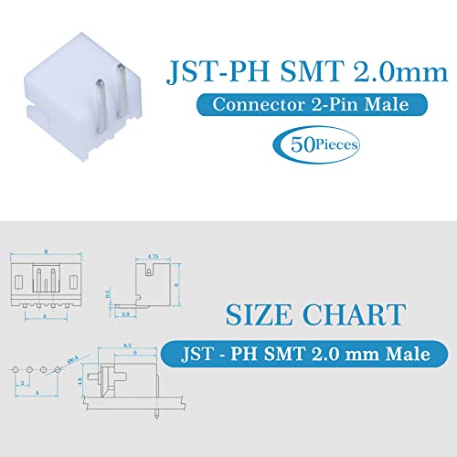 CQRobot JST PH SMD 2.0 mm Pitch 2-Pin Electronic Computer Connector IC Male Plugs, Female Sockets Housing and T-Shaped Crimp Terminal Kit.. 50 Sets/200 Pieces Wire-to-Board Adapter Cable Assembly. - size: 2P, style: PH-SMD
