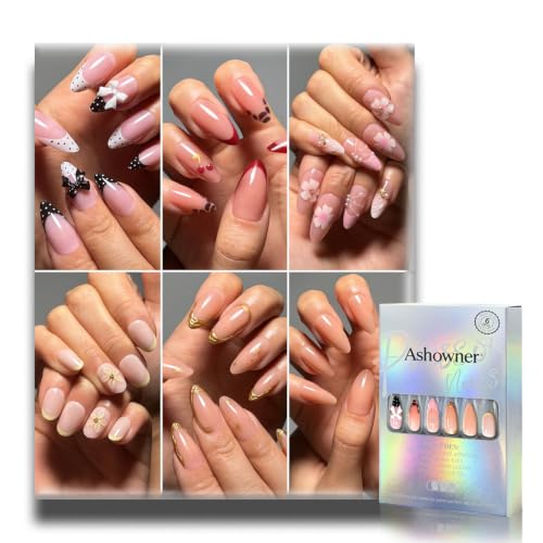 Press on Nails, 6 Packs (144 Pcs) Short Almond French Sets, 3D Floral - color: 3D Floral
