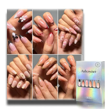 Press on Nails, 6 Packs (144 Pcs) Short Almond French Sets, 3D Floral - color: 3D Floral
