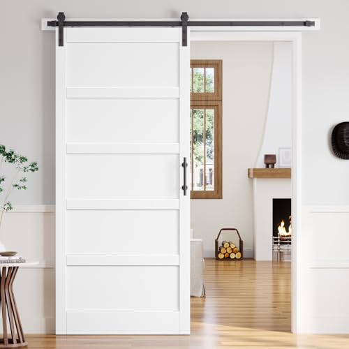 42x96 Inch White Sliding Barn Door Slab with 7ft Hardware Kit Included, 5-Panel, MDF Wood Panel Covered with Water-Proof Scratch-Proof PVC Surface, Simple DIY Assembly - color: White, size: 42"x96" Door with Hardware