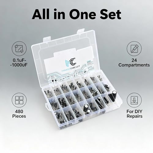 480pcs 24-Value Electrolytic Capacitor Kit 0.1uF-1000uF 10V 16V 25V 50V Capacitors Set Electronic Components for DIY Electronics Repair