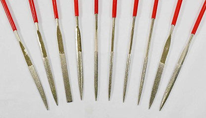 10 Piece Diamond Needle Files Set | Size 140mm X 3mm (5.5" x 0.1") | Vinyl Coated Handles | Round, Tapered, Half Round, Barrette, Crossing, Knife, Equaling, Warding, Square - size: 5.5" (10 Piece)