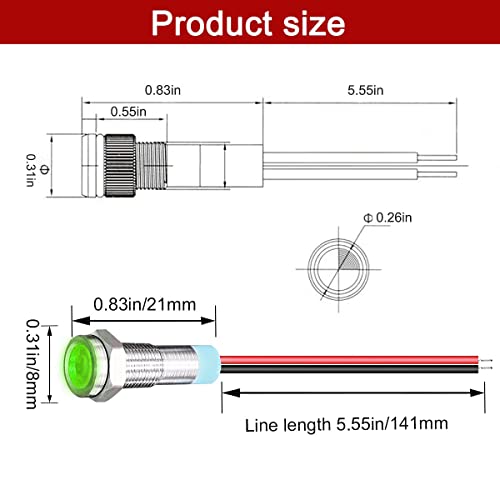 Gebildet 10pcs 6mm 1/4" AC/DC 12-24V LED Metal Indicator Light Pilot Dash Directional with Wire Waterproof Signal Lamp(Green) - color: Green AC/DC 12-24V