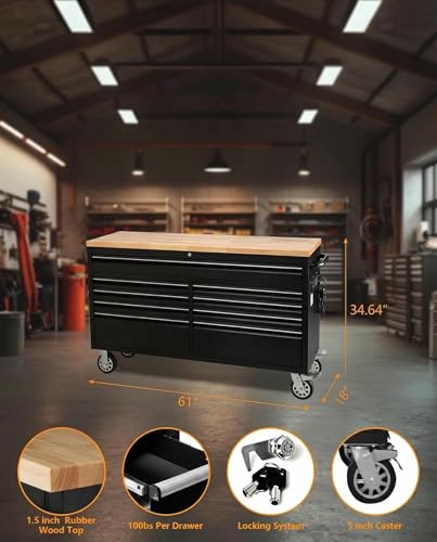 61-Inch Heavy-Duty Rolling Tool Chest with 9 Lockable Drawers, Rubber Wood Tabletop, Steel Storage Cabinet & Workbench for Garage Workshop, Includes Key Lock, Drawer Liners, Wheels in Black - size: 61 Inch