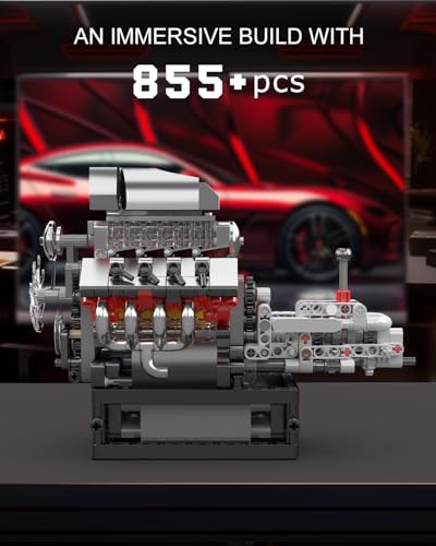 Mould King 10225 V8 Engine Model kit that Runs- Build Your Own STEM V8 Model Engine with Transmission, 8-Cylinder Car Engine kit Building Engineering Toys for Adults Collections (855+PCS) - style: MK-10225 engine