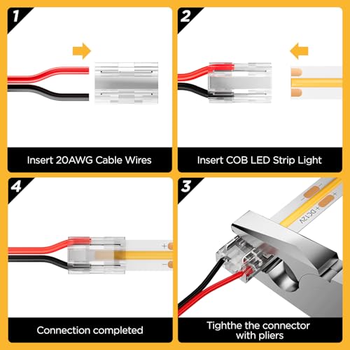 20 Pack 8-in-1 LED Strip Connectors with 6.6FT (2m) 20AWG Wires, for 8mm 2-Pin COB/SMD 2835/3528 LED Strips – Straight, Corner, Strip-to-Strip & Strip-to-Wire