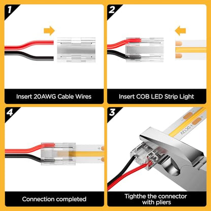 20 Pack 8-in-1 LED Strip Connectors with 6.6FT (2m) 20AWG Wires, for 8mm 2-Pin COB/SMD 2835/3528 LED Strips – Straight, Corner, Strip-to-Strip & Strip-to-Wire