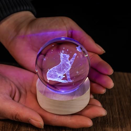 60mm 3D Crystal Ball Cat Lover Gifts for Women Cat Themed Sympathy Figurines Decor Gifts with Wooden Light Base - style: 3D Cat