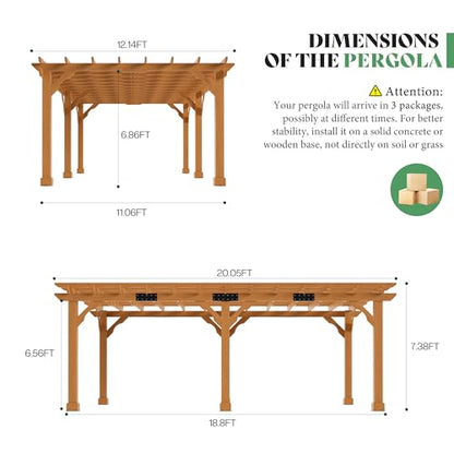 AMERLIFE 12x20 FT Outdoor Wooden Pergola, Large Solid Cedar Wood Gazebo Kit with Slatted Roof Design, Heavy-Duty Frame for Backyard, Patio & Garden, Red-Brown Finish - size: 12x20 FT