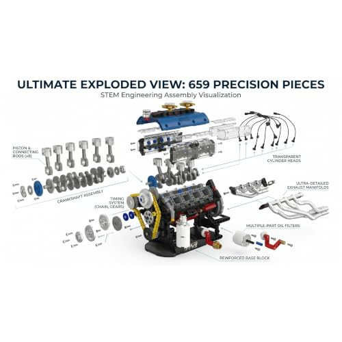 V8 Engine Model Kit 1:4, 659 Pieces, Hand Crank Engine Model