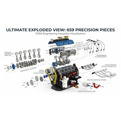 V8 Engine Model Kit 1:4, 659 Pieces, Hand Crank Engine Model
