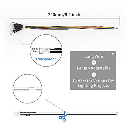 DiCUNO 100Pcs (10 Colors × 10Pcs) 5MM Pre Wired 12V LED Diodes, 9.4" Lead - color: 10 Colors * 10 Pcs