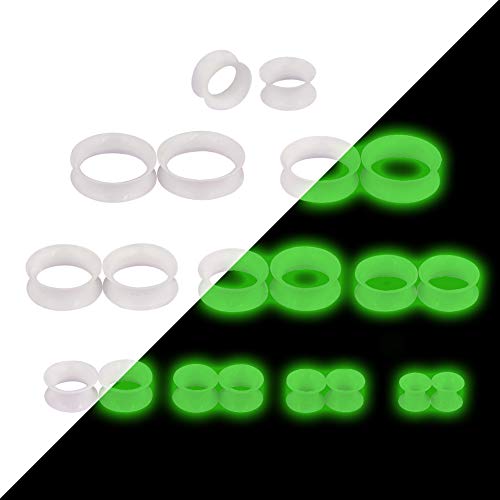 Oyaface 20 PCS Piercing Tunnel Set Soft/Hard Silicone Flesh Ear Plugs 2g-25mm Flexible Ear Stretching Gauge Expander - color: Glow in Dark(thin)