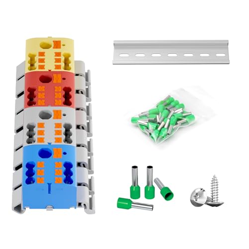4Pcs KV225G DIN Rail Terminal Blocks, 3-Pole 1 in 6 Out Push-in - color: Red&Yellow&Blue&Grey-3P, size: 4 Pcs
