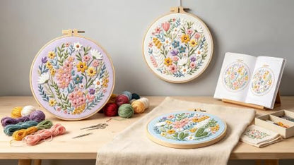 Konrisa Blossoms Embroidery Kit for Adults Beginners, Floral Stamped Embroidery Starter Kit DIY Sewing Practice, Needlepoint Cross Stitch Set of 3 - color: flowers03