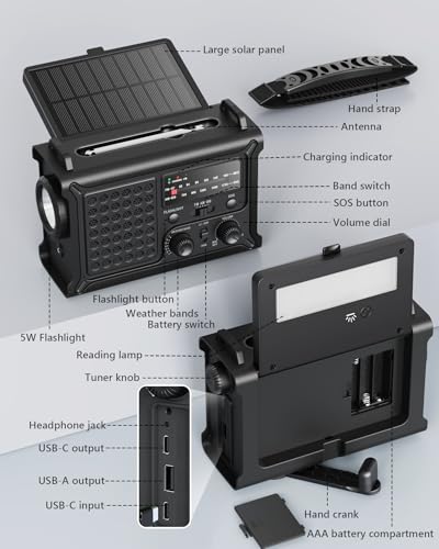 Emergency Weather Radio with Large Solar Panel, Real 12000mAh Battery - color: Black