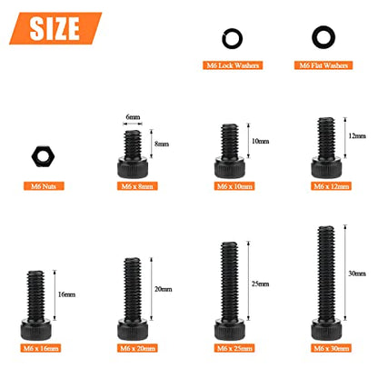 HELIFOUNER 128 Pieces M6 x 8mm /10mm /12mm /16mm /20mm /25mm /30mm, Hex Socket Head Cap Screws Bolts Washers Nuts Kit, 12.9 Grade Alloy Steel, Full Threaded, Black - size: M6, style: Socket Head