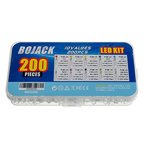 BOJACK 10 Colors 200 Pcs 5mm LED Diode Lights Assored Kit Pack (Transparent DC 2V - 3.2V 20mA) Bright Lighting Bulb Lamps Electronics Components 5 mm Light Emitting Diodes Parts - style: 10 Colors 200 Pcs