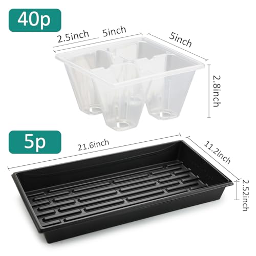 RooTrimmer 5 Pack Heavy Duty 1020 Trays and 40 Pack Clear 4 Cell Seed Starter Trays with Large Drainage Holes, Easy Transplant - for Seed Germination & Plant Propagation (5 Sets)
