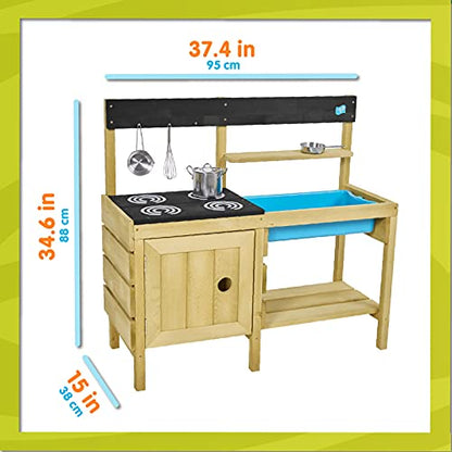 TP Toys Mud Play Kitchen For Kids - Indoor, Outdoor Wooden Toy Toddler Kitchen Playset with Accessories, Durable, Weatherproof, Removable Sink, Chalkboard, Wood Burner Stencils, Easy Assembly, Ages 3+ - style: Wooden Muddy Maker Mud Kitchen