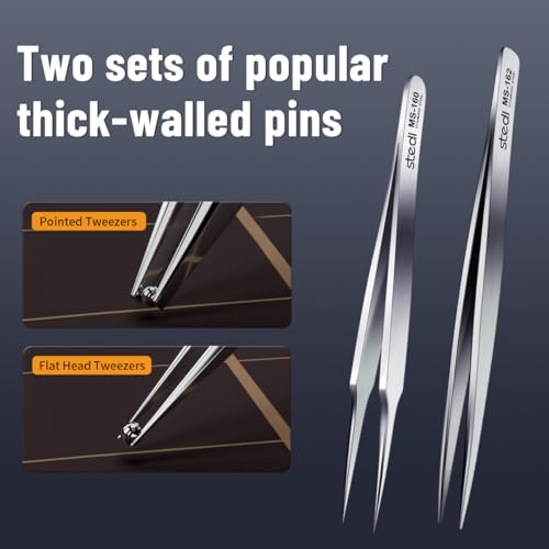stedi 2PCS Precision Thickened Tweezer Set, Model Hobbyist Tools, Ultra Precision Premium Stainless Steel Tweezers for Gundam, Scale Military Models, 3D Resin Parts, Industrial Tweezers - style: Pointed & Flat Tweezers