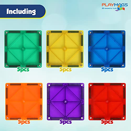 Playmags Magnetic Tiles, 30-Piece Magnet Squares Expansion Set, Construction Building Blocks, Starter Set for Kids Ages 3+ - style: 30 Piece Square Set