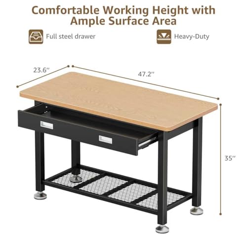 47.2" Heavy Duty Work Bench with Drawer and Storage for Garage, Small Wood Top and Metal Work Table for Crafts, 3D Printer Reloading Bench, Tool Chest Workbenches Crafting Table Working Station