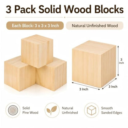3 Pack Unfinished Wood Blocks, 3 Inch Solid Wood Cubes for Crafts - size: 3 Inch-3Pcs