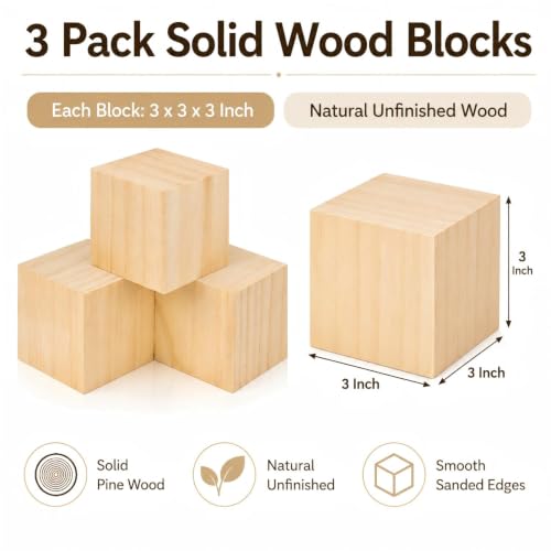 3 Pack Unfinished Wood Blocks, 3 Inch Solid Wood Cubes for Crafts - size: 3 Inch-3Pcs