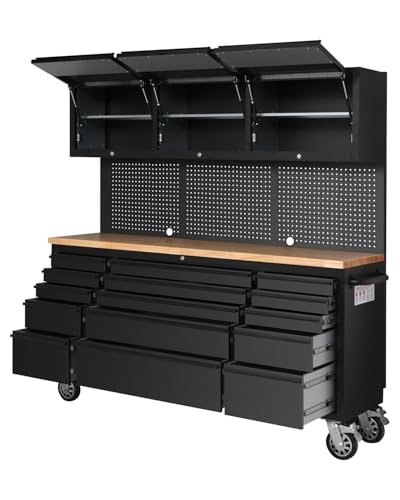 75" Tool Chest Tool Box, Heavy Duty Tool Chest Cabinet with 15 Drawers and 3 Upper Cabinets Combination Tool Cabinet, Large Tool Bench Organizer with Wood Top and Pegboard for Garage, Black - size: 72 in wIth 15 Drawers