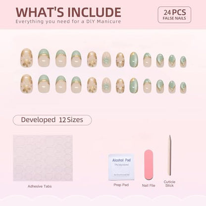 3D French Tip Press on Nails Medium Almond Green Glitter Fake Nails Flowers False Nails with Designs Full Cover Almond Shaped Acrylic Nails Press ons Summer Stick on Nail for Women 24Pcs - color: Style14